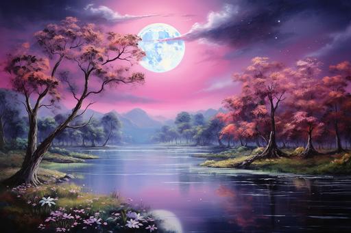a serene and whimsical landscape that merges elements of fantasy with reality. The scene unfolds at twilight, with the sky painted in shades of lavender and soft pink, featuring a large, luminous full moon. In the foreground, a crystal-clear lake reflects the moon's glow, surrounded by lush, vibrant greenery. Delicate fireflies dance around whimsical, glowing flowers that dot the landscape. A narrow, meandering path leads to a quaint, charming cottage in the distance, emitting a warm, inviting light from its windows. --ar 3:2