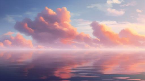 a serene seascape, calm water, orange cloudy sky, dreamy mood, cloudy background like anime clouds --ar 16:9 --v 5.1