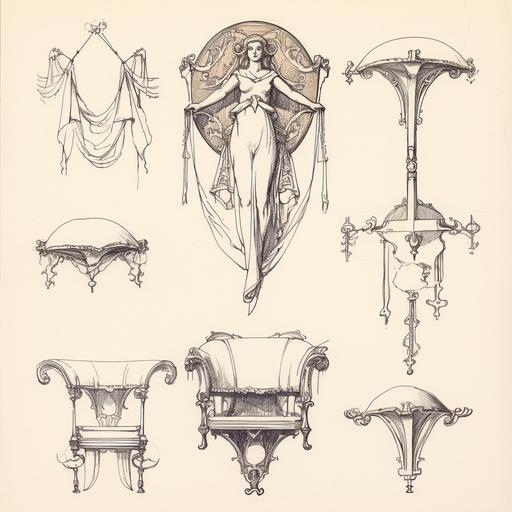 a series of drawings of Baroque furniture