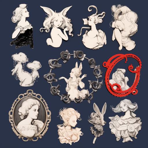 a series of drawings of victorian Cameo pins