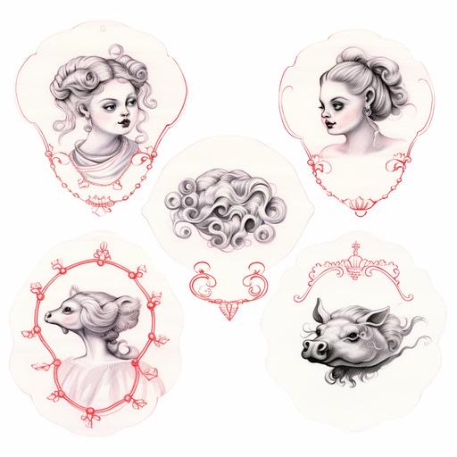 a series of drawings of victorian Cameo pins