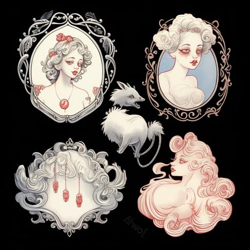 a series of drawings of victorian Cameo pins