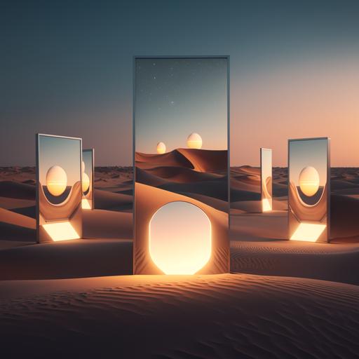 a series of mirrors standing in a desert relecting Ramadan lights, warmest, Advertising, CGI, VFX, cinematic, ultra detail, 8K