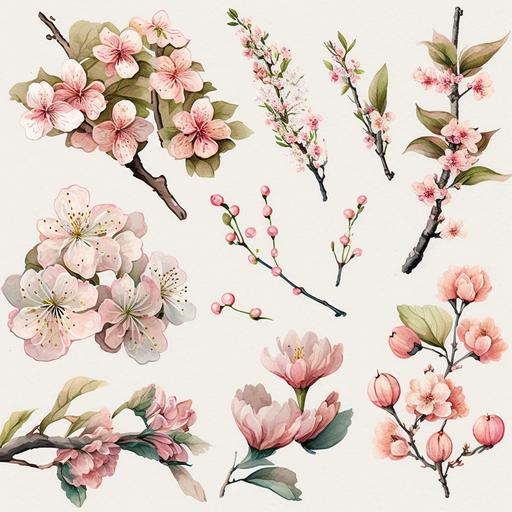 a set of Watercolor cherry blossom Clipart