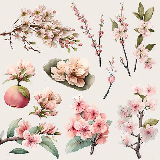 a set of Watercolor cherry blossom Clipart