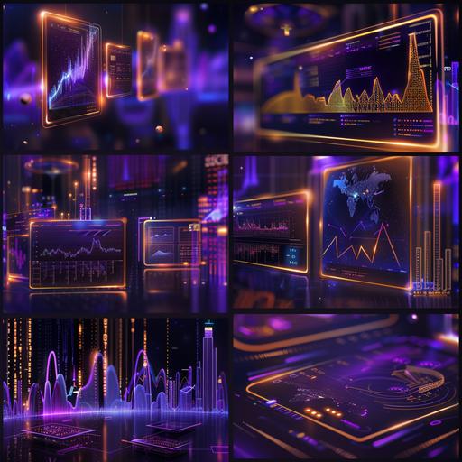 a set of ad banners showing different types of trading, in the style of play with light, dark gold and purple, conceptual playlists, furaffinity, vibrant academia, hyper-realistic details, digital as manual --v 6.0