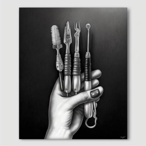 a set of retro lock picks in the hand, realistic oil paint, black and white
