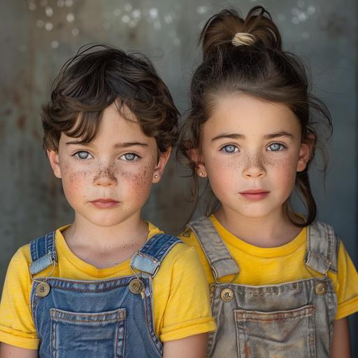 a set of twins, a boy and a girl, seven years old with grey eyes and dark hair, freckles all over their nose, heart-shaped faces, they are wearing yellow t-shirts and denim overalls
