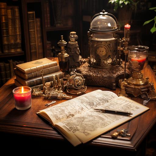 a setting inside a house where a beautiful piece of parchment with writing on it in an unknown language with the beautiful quill and ink fountain beside it upon an ornate antique desk --s 250 --v 5.2 --style raw