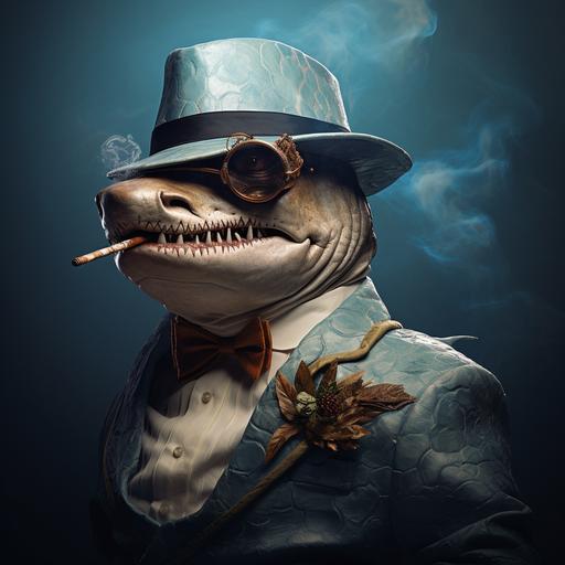 a shark with glasses, a hat, and smoking a cigar