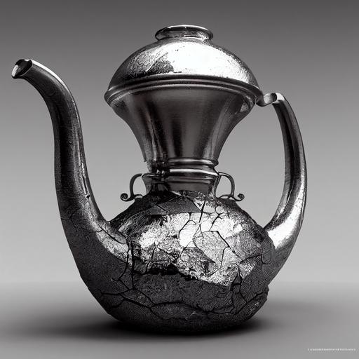 a shattered silver tea pot with a broken handle, a surrealist sculpture, cgsociety, hyperrealism, vray tracing, made of liquid metal, ray tracing --test --creative  --v 3 --upbeta