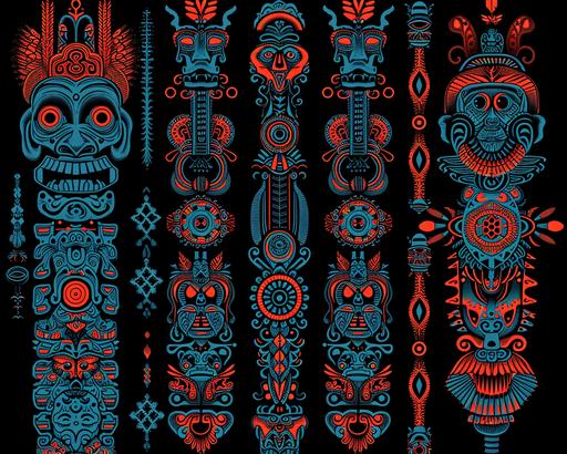 a sheet of different stitches and repeating patterns, in the style of cryptidcore, tupinipunk, tikis african masks voodoo flat form, vintage tattoo flash utilizes, dotted, clean and sharp inking, vivid colors blueprint --ar 128:103 --v 6.0 --chaos 13