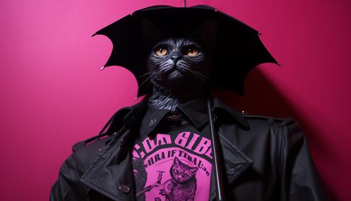 a shirt with a black cat holding an umbrella with a person that says richard cheshire, in the style of butcher billy, baroque-punk, backlight, bettina rheims, concert poster, dark pink and blurple, eccentric sculptures --ar 7:4 --s 250
