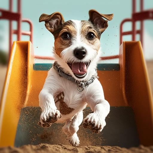 a short haired jack russell terrier jumping happily in a dog playground