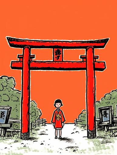 a shrine maiden under a torii gate, silly doodle by Shel Silverstein --ar 3:4 --style raw
