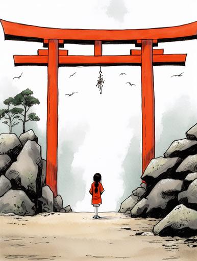 a shrine maiden under a torii gate, silly doodle by Shel Silverstein --ar 3:4