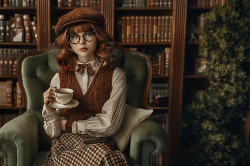 a shy young redhead woman with wavy bob hair and glasses, she is wearing a brown checkered skirt, a brown knitted vest and a beret, she is holding a cup of tea, she is sitting in a green armchair in an old library --ar 3:2