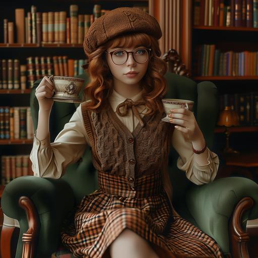 a shy young redhead woman with wavy bob hair and glasses, she is wearing a brown checkered skirt, a brown knitted vest and a beret, she is holding a cup of tea, she is sitting in a green armchair in an old library