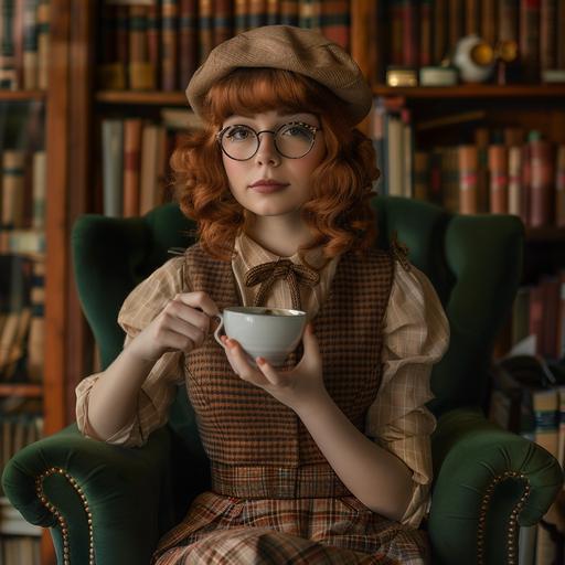 a shy young redhead woman with wavy bob hair and glasses, she is wearing a brown checkered skirt, a brown knitted vest and a beret, she is holding a cup of tea, she is sitting in a green armchair in an old library