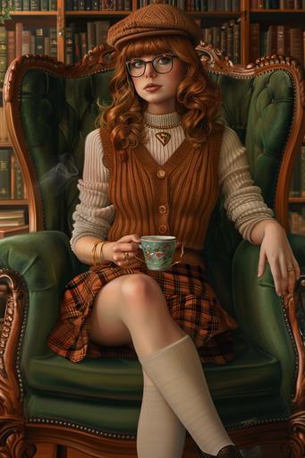 a shy young redhead woman with wavy bob hair and glasses, she is wearing a brown checkered skirt, a brown knitted vest and a beret, she is holding a cup of tea, she is sitting in a green armchair in an old library --ar 2:3