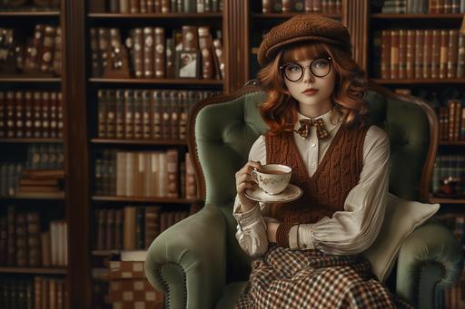 a shy young redhead woman with wavy bob hair and glasses, she is wearing a brown checkered skirt, a brown knitted vest and a beret, she is holding a cup of tea, she is sitting in a green armchair in an old library --ar 3:2