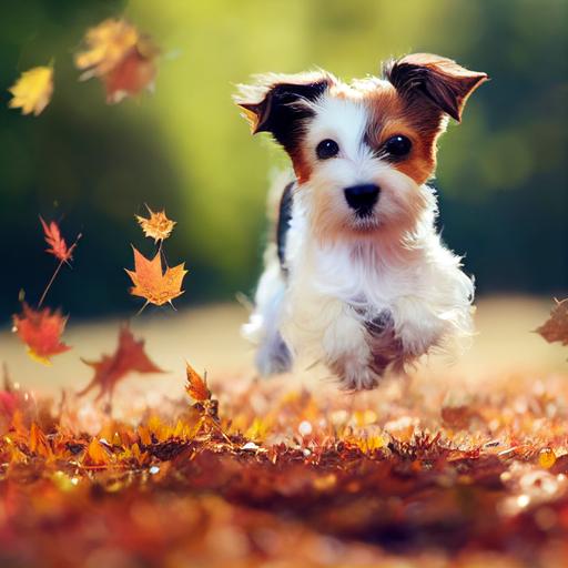 a side view photo of a cute scruffy baby long haired Jack Russell terrier puppy frolicking jumping and playing in autumn leaves. Very very cute, warm dappled light, volumetric lighting --testp --upbeta