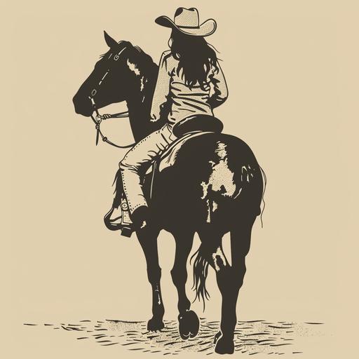 a silloutte of a cow girl riding a horse with a cowboy hat and boots cute retro looking and accurate to a woman in her 20 for a tshirt design