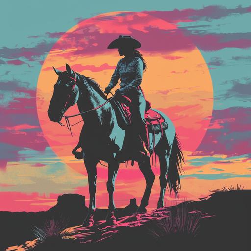 a silloutte of a cow girl riding a horse with a cowboy hat and boots cute retro looking and accurate to a woman in her 20 for a tshirt design