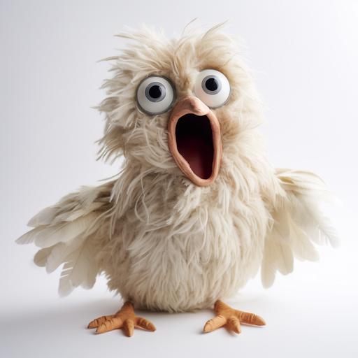 a silly looking feathery chicken puppet with fuzzy belly. puppet. realistic. white background.