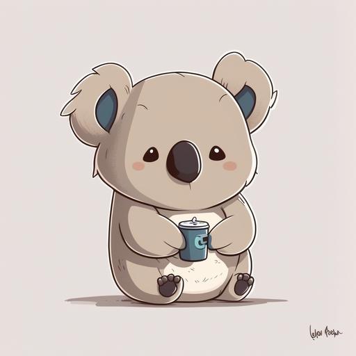 a simple 2d koala holding a coffee, fat , thick , trending on artstation, cartoon, no background , all white background ::