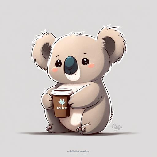 a simple 2d koala holding a coffee, fat , thick , trending on artstation, cartoon, no background , all white background ::