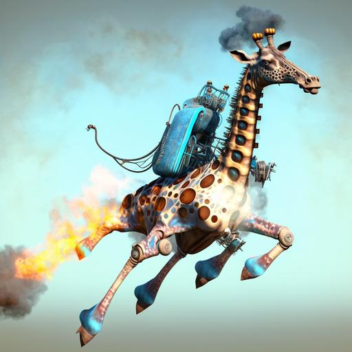 a simple biomechanical giraffe_with_jetpack:: the giraffe_with_jetpack flies akimbo wearing a titanum jetpack saddle firing short blue-tinted jets of flames laterally along its dorsal surface::2 cycles render; 32k uhd::