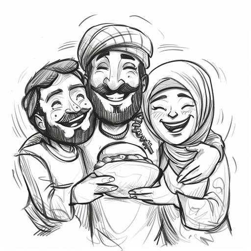a simple black and white sketch of 3 people hugging standing next to each other one man is jewish figure with jewish hat and magen david chain, one man is arabic figure with kafiyha and quran and the last man is a catholic figure with cross chain, they all smiling and eating pita with falafel and shawarma