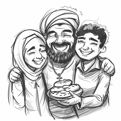 a simple black and white sketch of 3 people hugging standing next to each other one man is jewish figure with jewish hat and magen david chain, one man is arabic figure with kafiyha and quran and the last man is a catholic figure with cross chain, they all smiling and eating pita with falafel and shawarma