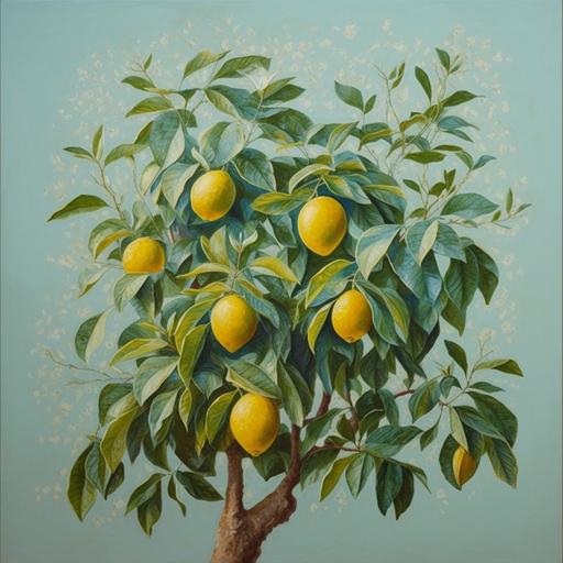a simple but realistic beautiful lemon tree painting with not too big lemons that is a stunning mix of these two images   with a plain light teal background --v 5.0 --s 750