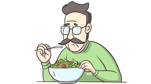 a simple cartoon man eating salad, in the style of a digital drawing cartoon, all white background --aspect 16:9 --v 5