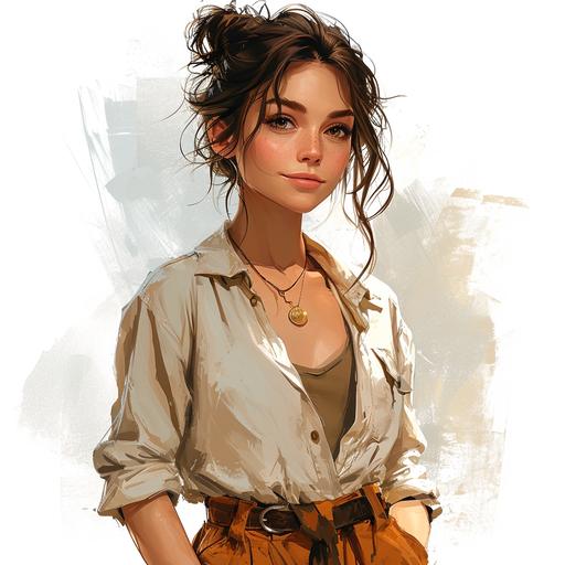 a simple cartoon of beautiful female wearing casual shirt, pants, and brown sandals, hair in a messy bun, long eye lashes with long hair and gold jewelry. isolated on a white background --style raw --v 6.0 --s 750