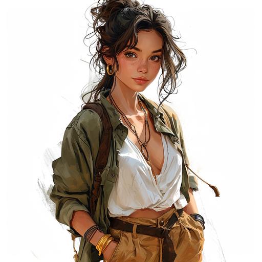 a simple cartoon of beautiful female wearing casual shirt, pants, and brown sandals, hair in a messy bun, long eye lashes with long hair and gold jewelry. isolated on a white background --style raw --v 6.0 --s 750