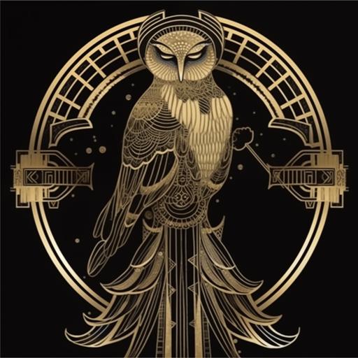 a simple classy beautiful owl in a art deco style like this   with a art deco border black background and some open space around the owl --v 5.0 --s 750