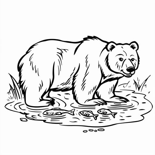 a simple coloring page of a cartoon grizzly bear by a stream with fish with thick black lines on a white background for a child age 5
