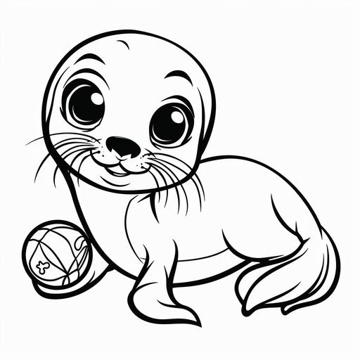 a simple coloring page of a cute cartoon seal with a ball with thick black lines on a white background for a child age 5