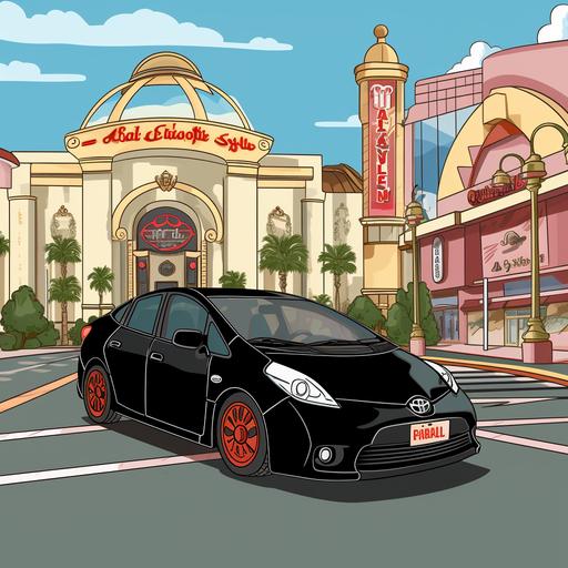 a simple cute cartoon of a black prius parked in front of a casino with a sign that says casino