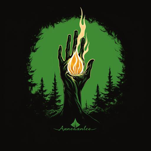 a simple flame symbol with a shillouette of a man inside of the flame reaching for the sky, the flame is foresty green, based off the rock band Audioslave's logo, artistic, sleek