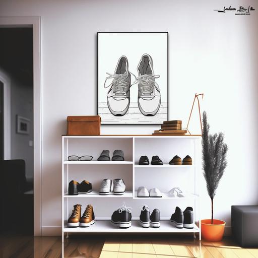 a simple living room with shoe rack, shoe rack have one pair of shoe, wall of the living room are white, room have 3 walls, walls of living room don't have any wall art, a room without any art on the wall,shoe rack of room is small in size, soze of room 16:9
