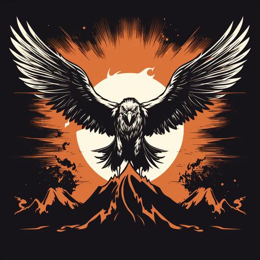 a simple stencil of an eagle rising straight up from ashes and flame cartoon style