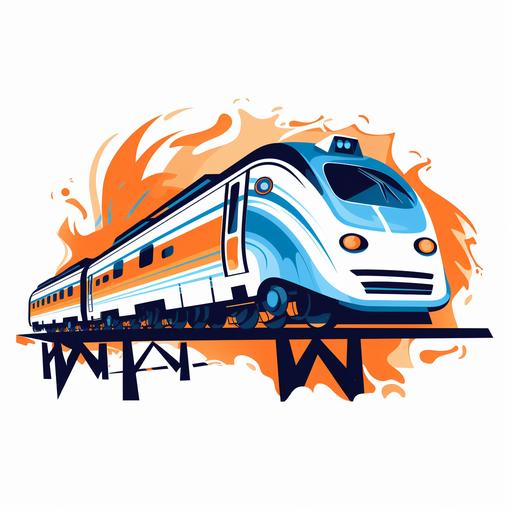 a simple vector logo, a monorail train on a track, train wheels on fire, letters on side of train, in the sytle of saul bass, cartoon like, white background
