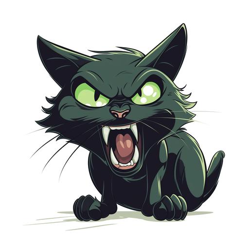 a simple vector style illustration of a cartoon black cat with green eyes sticking it's tongue out in anger at the symphonic viewer of the picture, no gradients or shadows, on a white background