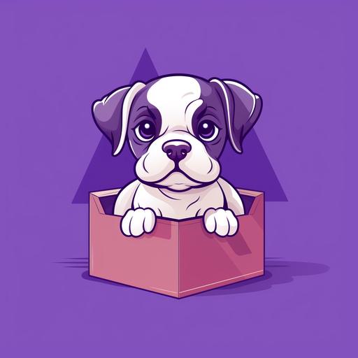 a simplified, minimalistic, logo of a cute boxer puppy standing on a large parcel box, violet, white