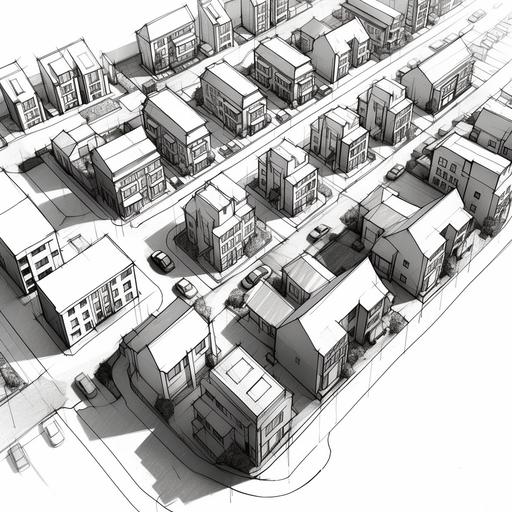 a simplistic 3d sketchy pitch roof estate architectural masterplan of square housing blocs with balconies projection of housing estate plot of land, each square house to have back garden with sitting space, and front single car park. Cars driving in roads and side walk paving ways on both sides of road --v 5.1 --s 250