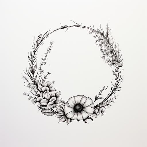 a simplistic pen drawing of a floral ouroboros, black and white, larger flower